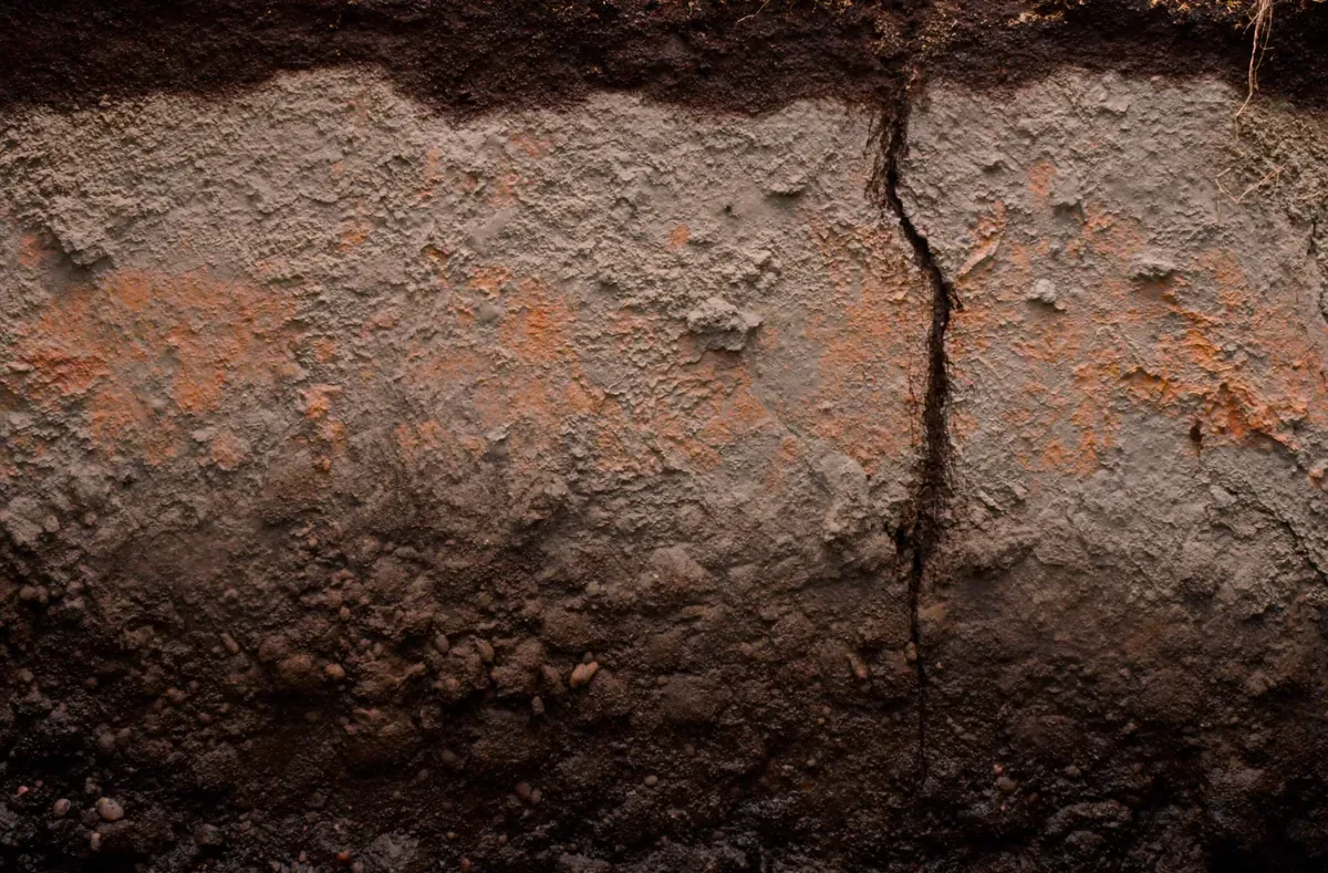 Cut soil face showing topsoil over dense gray brown glacial till clay with orange iron mottling in Northeast Ohio